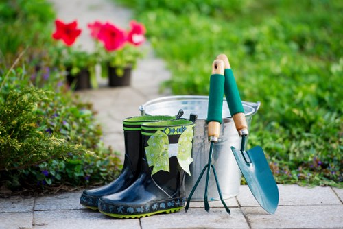 Patio and pathway landscaping features in Enfield Town outdoor space